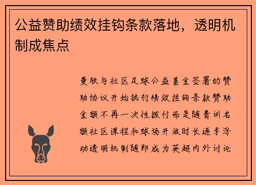 公益赞助绩效挂钩条款落地，透明机制成焦点